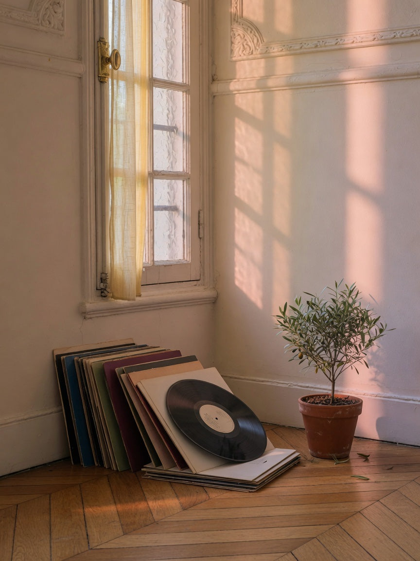 Pochettes de vinyles contre une fenêtre haussmannienne