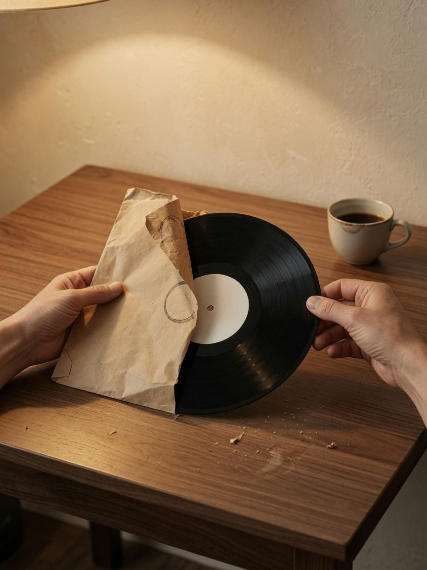 Mains sortant un vinyle de sa pochette kraft