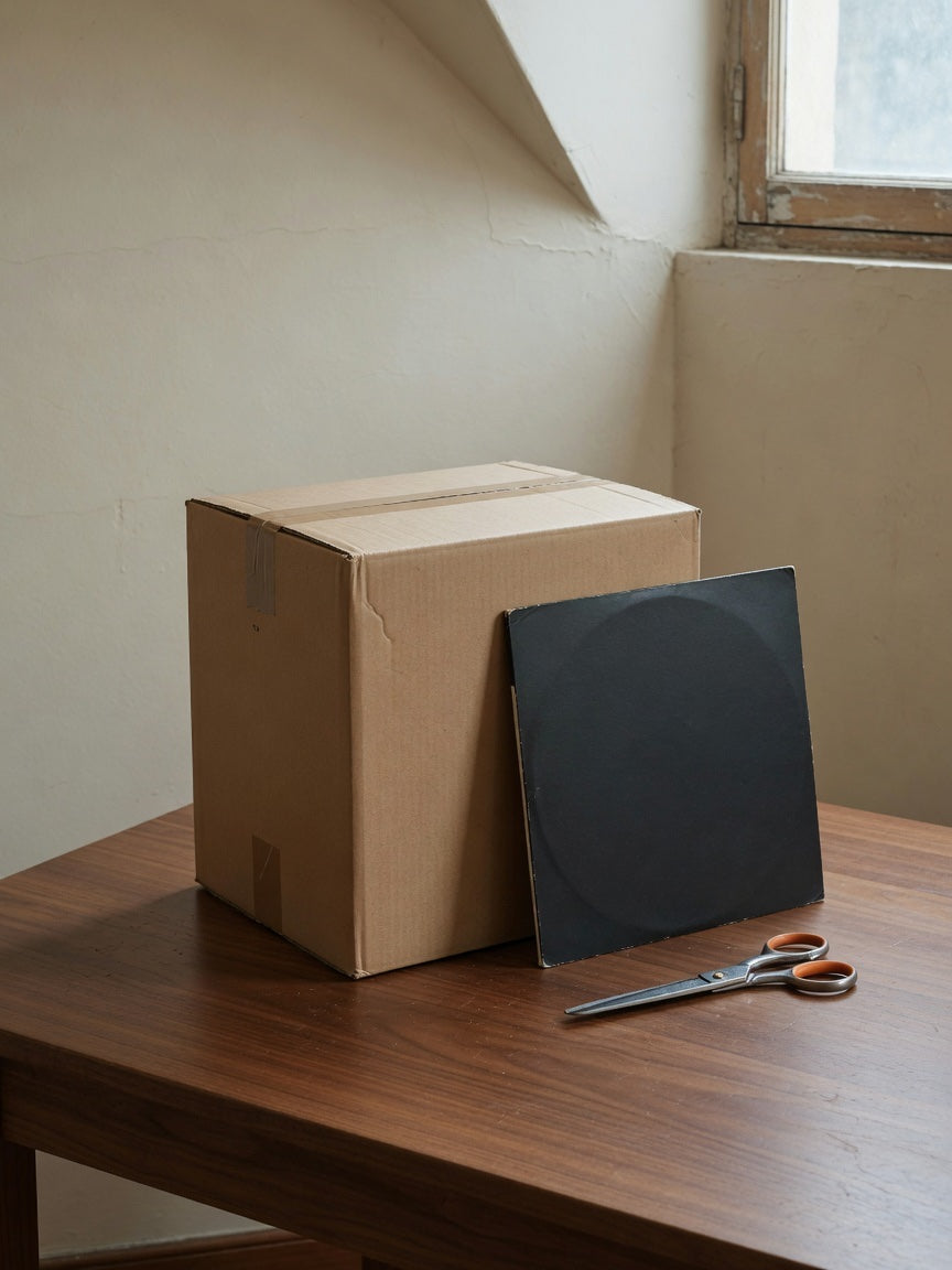 Colis kraft et pochette vinyle sur une table en noyer