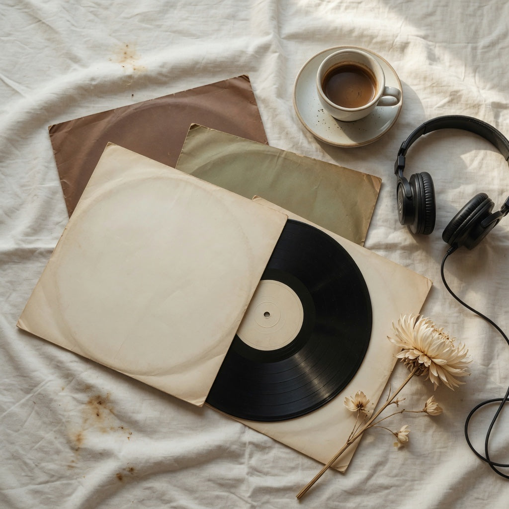 Vinyle, café et casque sur linge crème