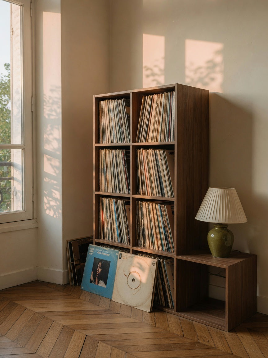 Étagère de vinyles dans un appartement parisien