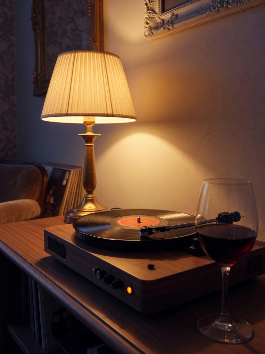Platine et lampe le soir dans un salon