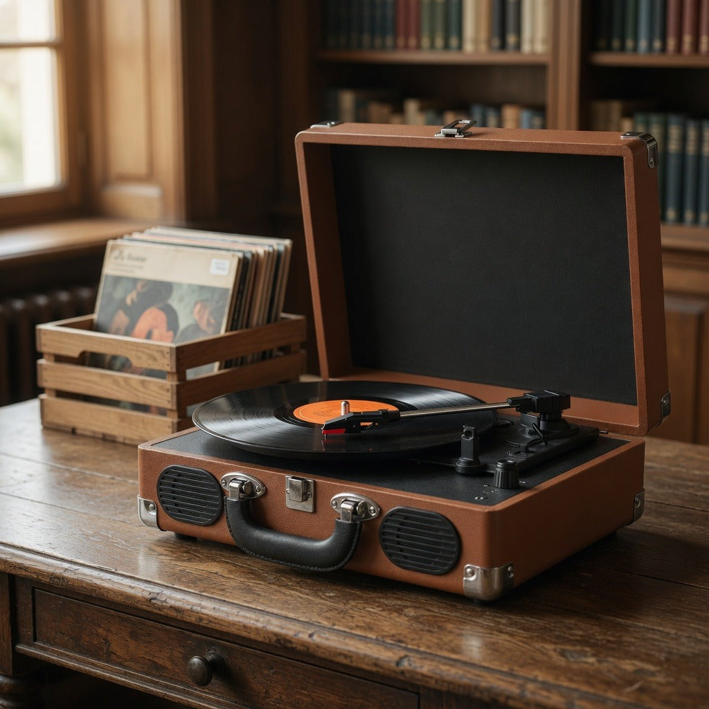 Sillon Nomade à côté d'une caisse de vinyles